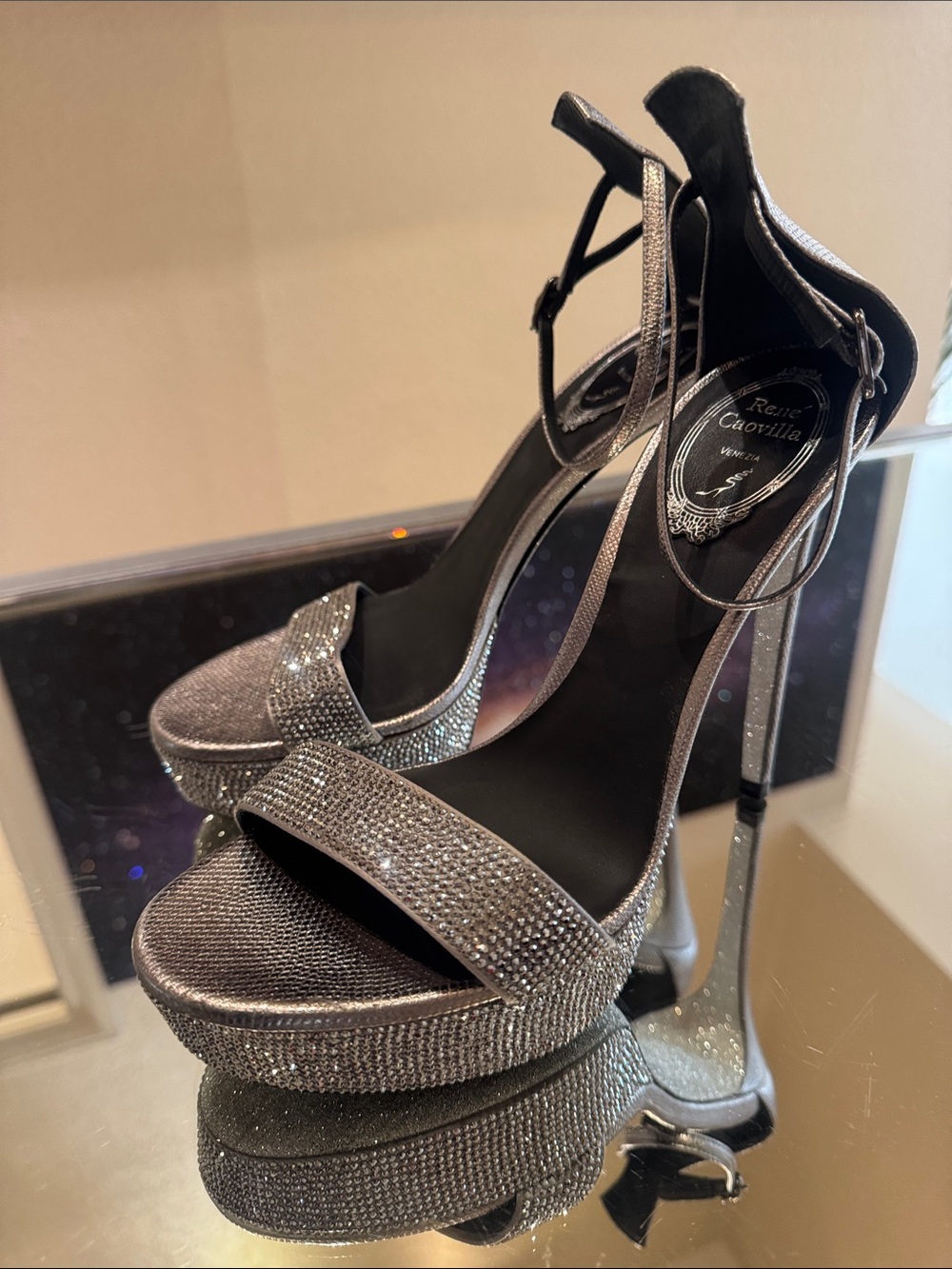 Rene Caovilla Gunmetal Grey Crystal Platform Heels